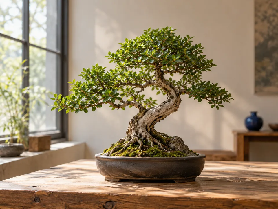 A carefully shaped bonsai in a ceramic pot, lit by a nearby window