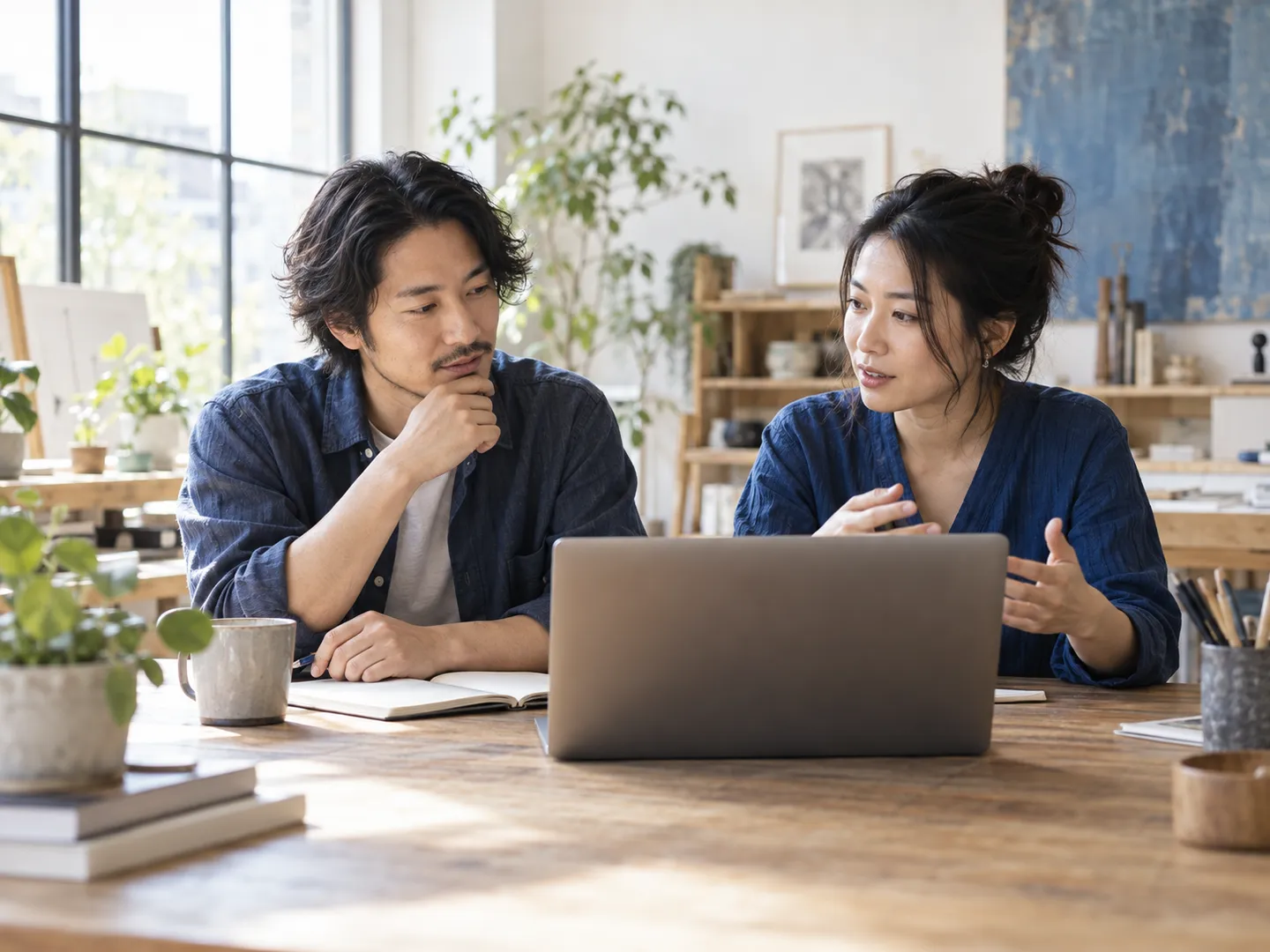 Two people sharing ideas beside a laptop in a bright, welcoming studio