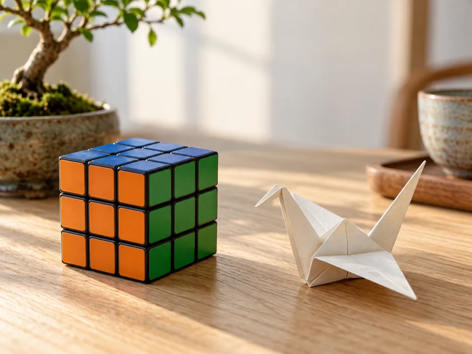 A colorful puzzle cube and folded paper crane on a sunlit table
