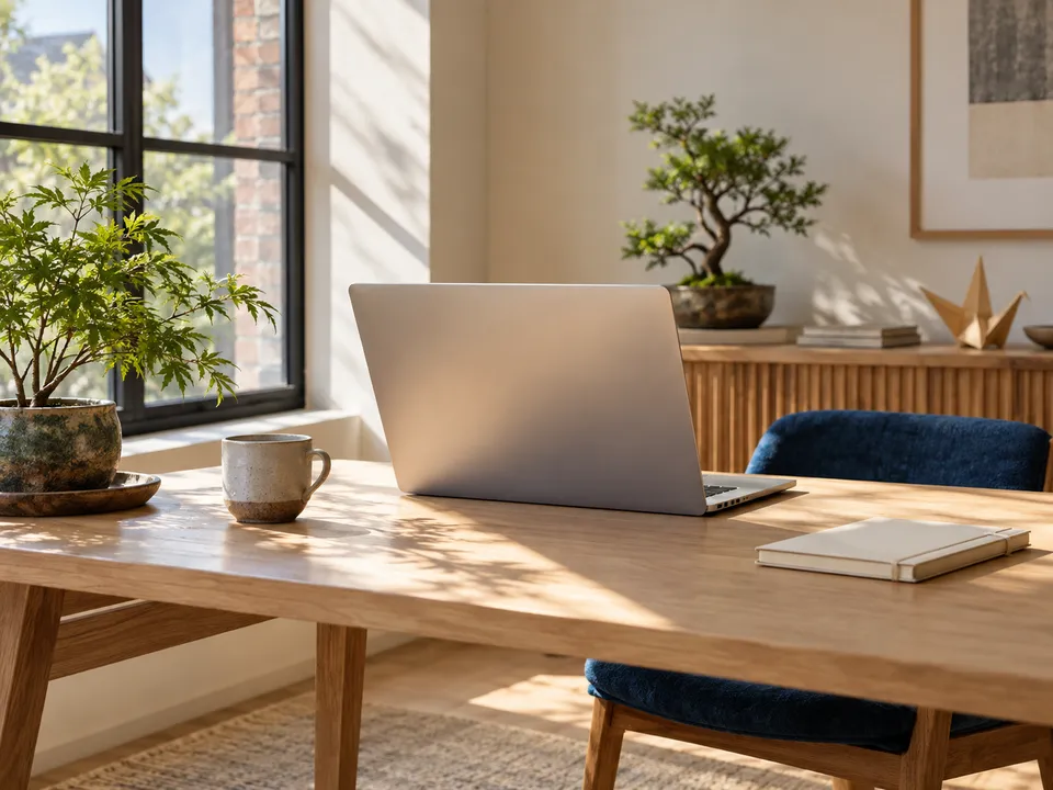 A quiet personal workspace with a laptop, notebook and ceramic cup